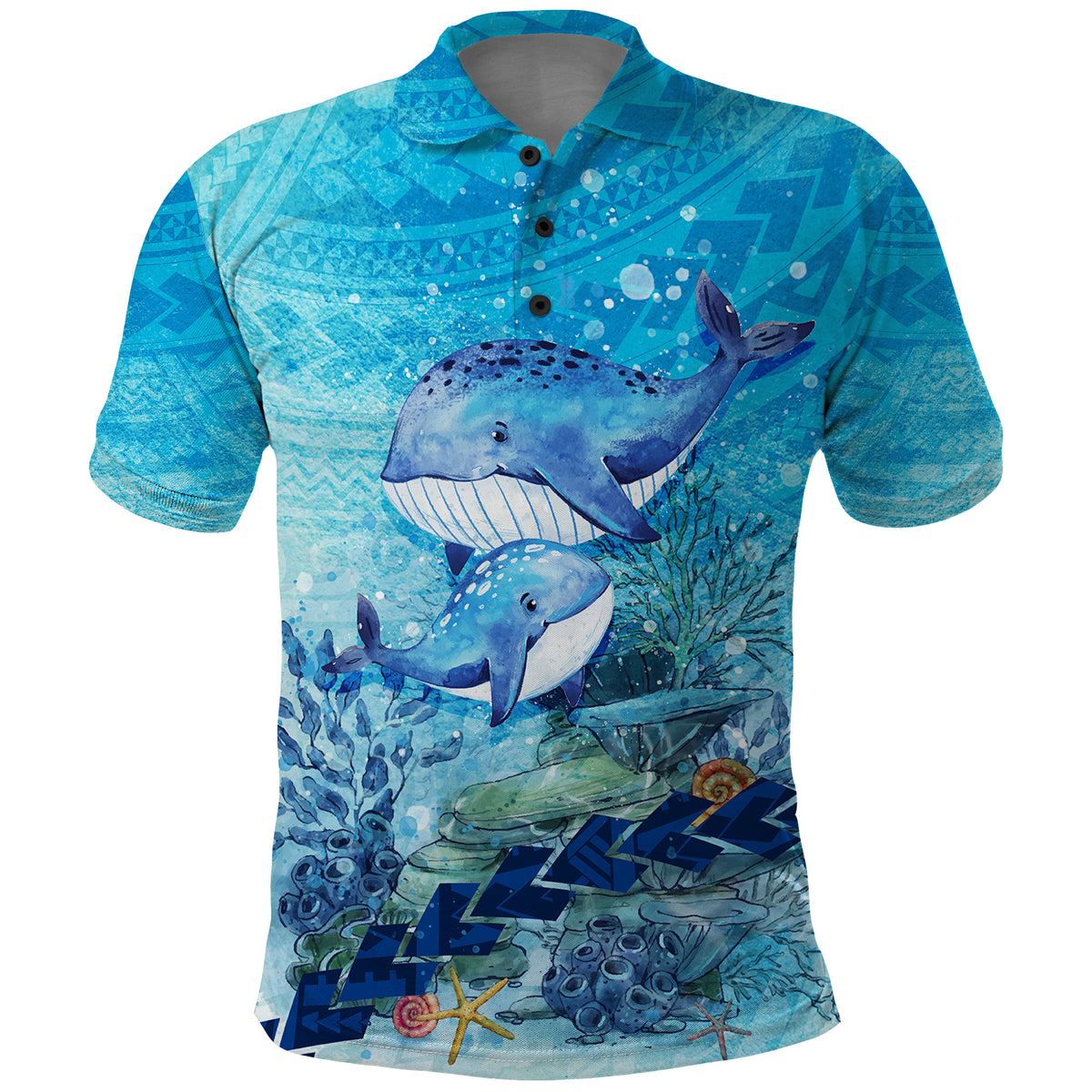 Mother and Baby Whale Mix Polynesian Style Polo Shirt TS07 Blue - Polynesian Pride