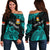 (Custom Personalised) Ribaberiki Kiribati Coat Of Arms Mix Cyan Polynesian Off Shoulder Sweater LT14 Women Cyan - Polynesian Pride