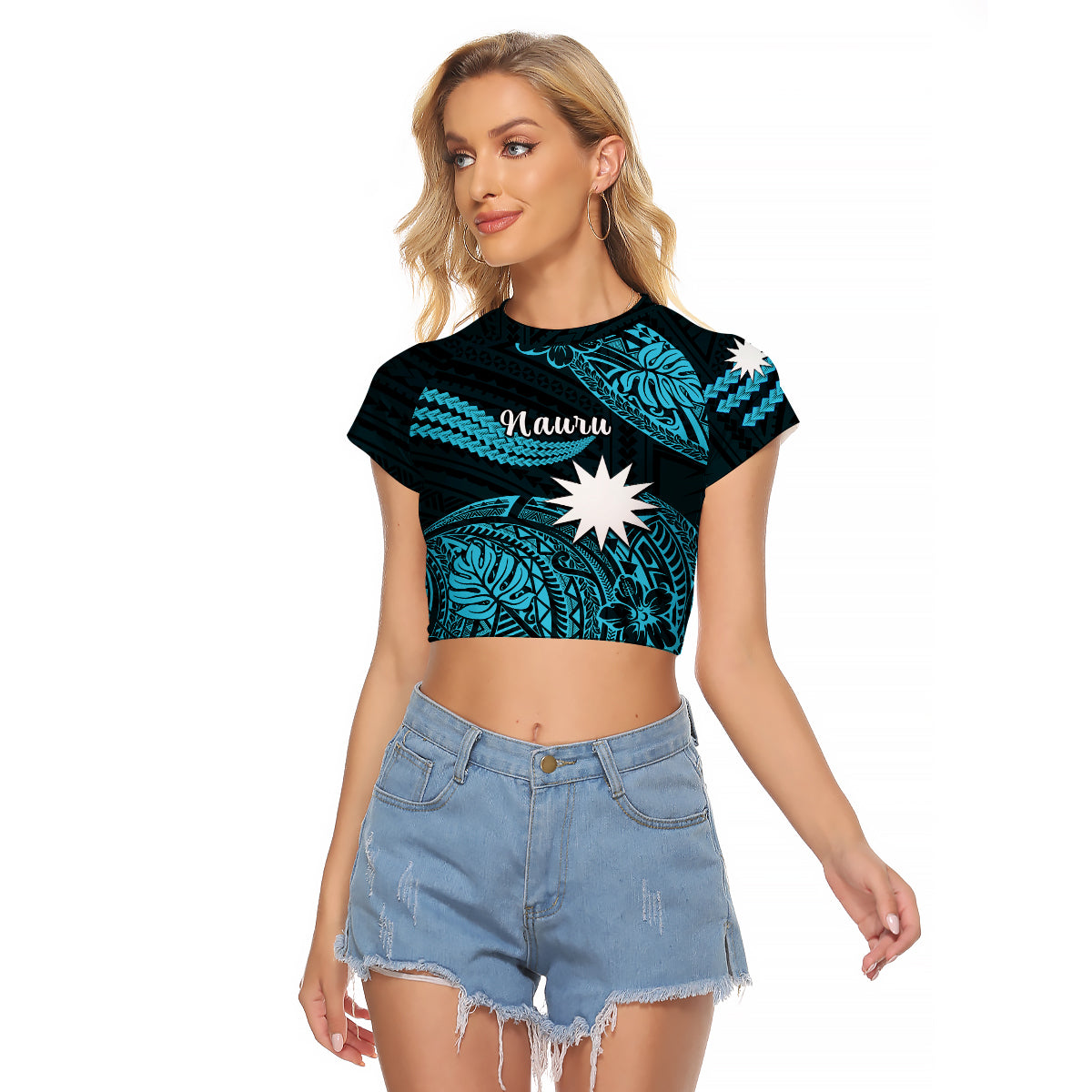 (Custom Personalised) Nauru Polynesian Hibiscus Naoero Turquoise Raglan Cropped T Shirt LT14 Female Turquoise - Polynesian Pride