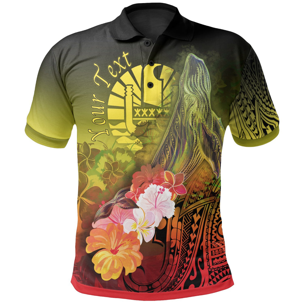 Tahiti Custom Polo Shirt Humpback Whale with Tropical Flowers (Yellow) Unisex Yellow - Polynesian Pride
