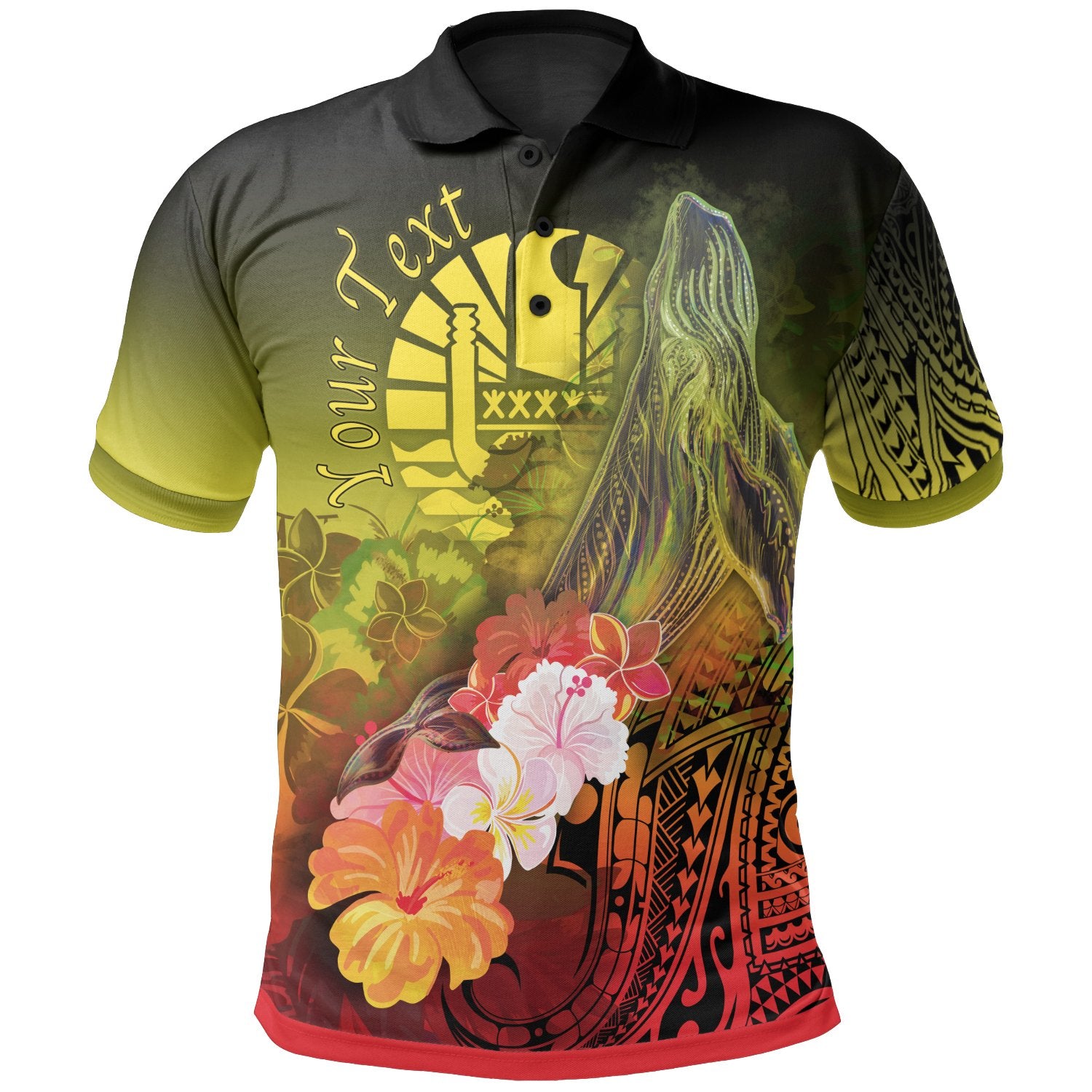 Tahiti Custom Polo Shirt Humpback Whale with Tropical Flowers (Yellow) Unisex Yellow - Polynesian Pride