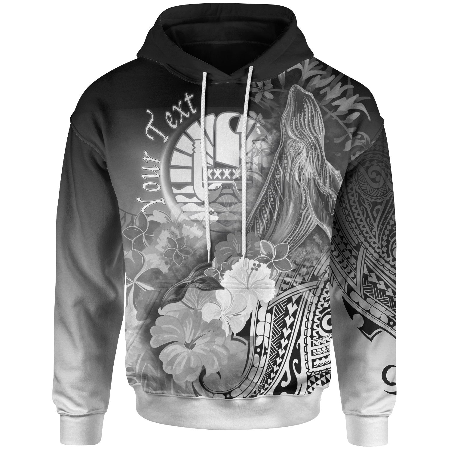 Tahiti Custom Hoodie Humpback Whale with Tropical Flowers (White) Unisex White - Polynesian Pride