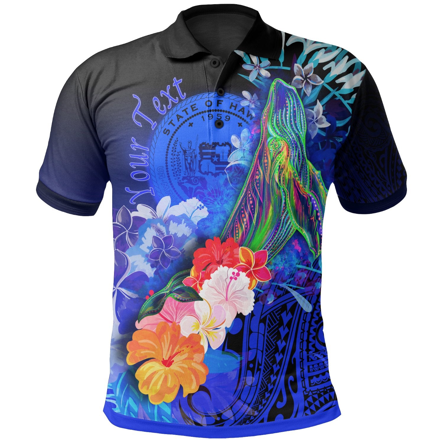 Polynesian Hawaii Custom Polo Shirt Humpback Whale with Tropical Flowers (Blue) Unisex Blue - Polynesian Pride