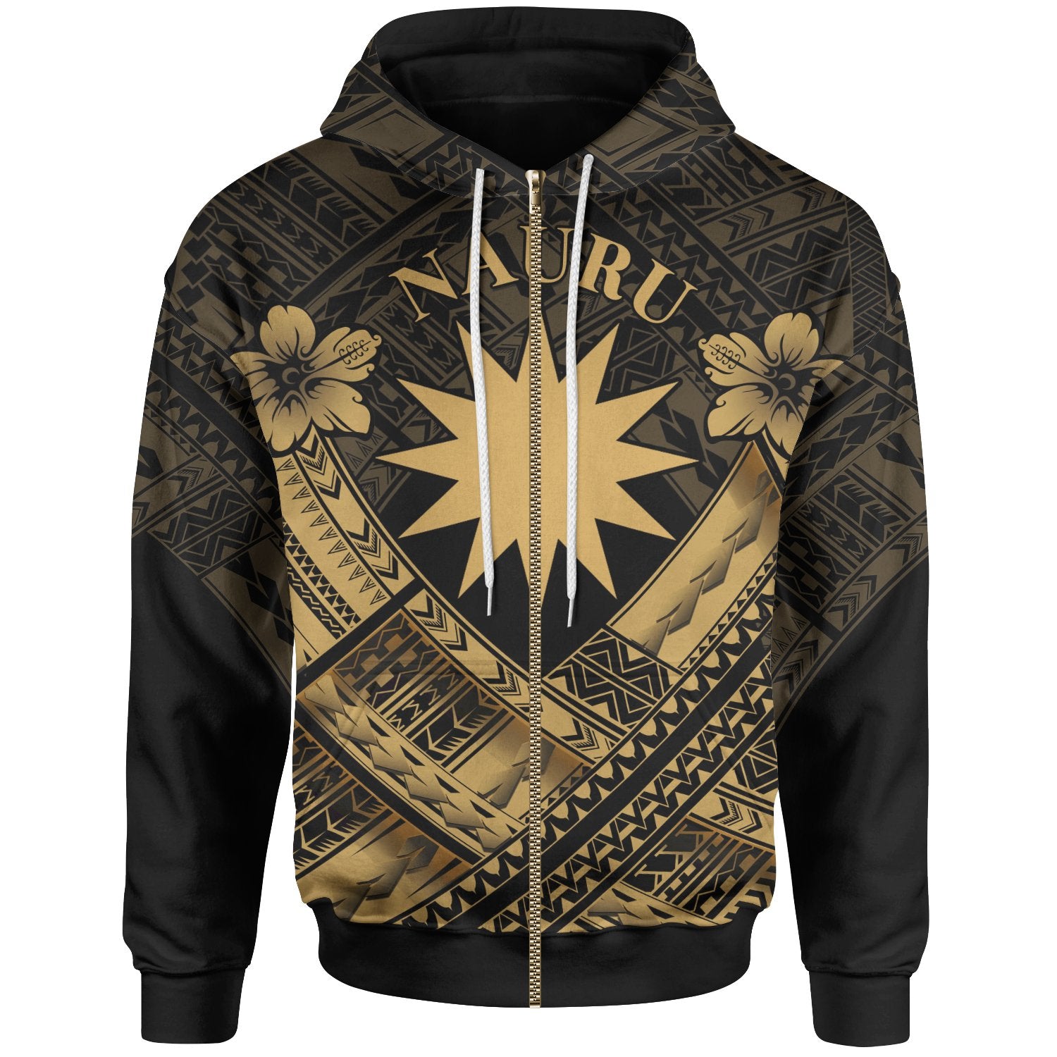 Nauru Polynesian Zip up Hoodie Nauru Gold Seal Camisole Hibiscus Style Unisex Gold - Polynesian Pride