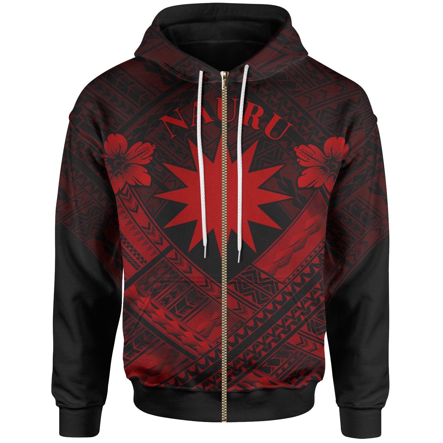 Nauru Polynesian Zip up Hoodie Nauru Red Seal Camisole Hibiscus Style Unisex Red - Polynesian Pride