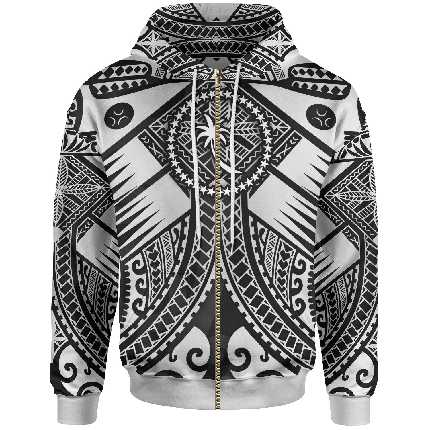 Chuuk Zip up Hoodie White Seal with Polynesian Tattoo Unisex White - Polynesian Pride