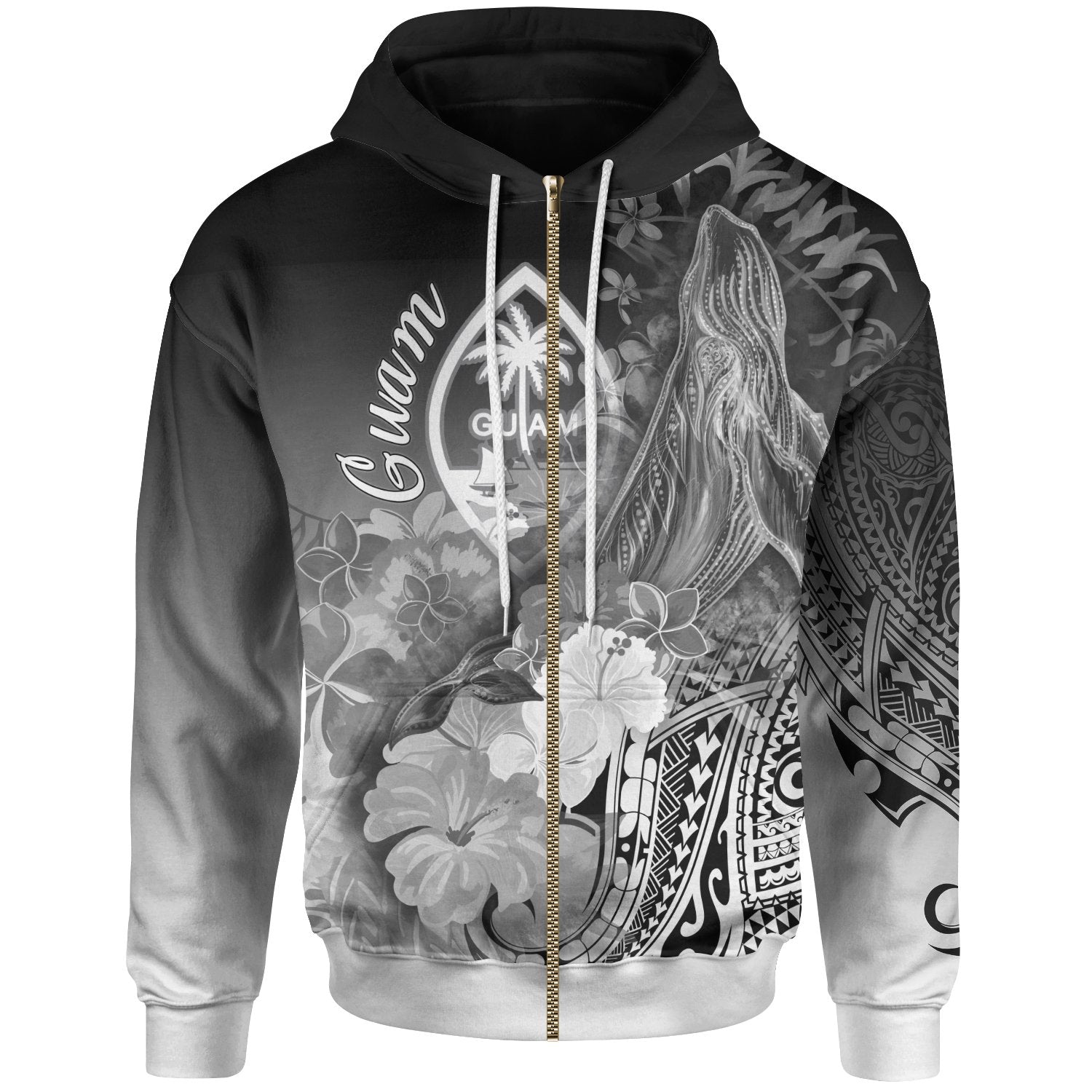 Guam Zip up Hoodie Humpback Whale with Tropical Flowers (White) Unisex White - Polynesian Pride