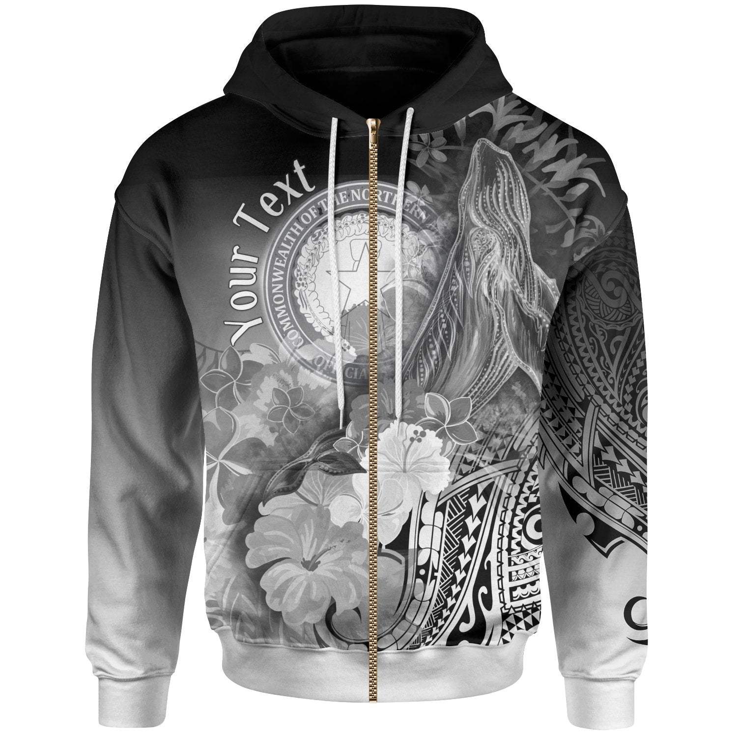 CNMI Custom Zip up Hoodie Humpback Whale with Tropical Flowers (White) Unisex White - Polynesian Pride