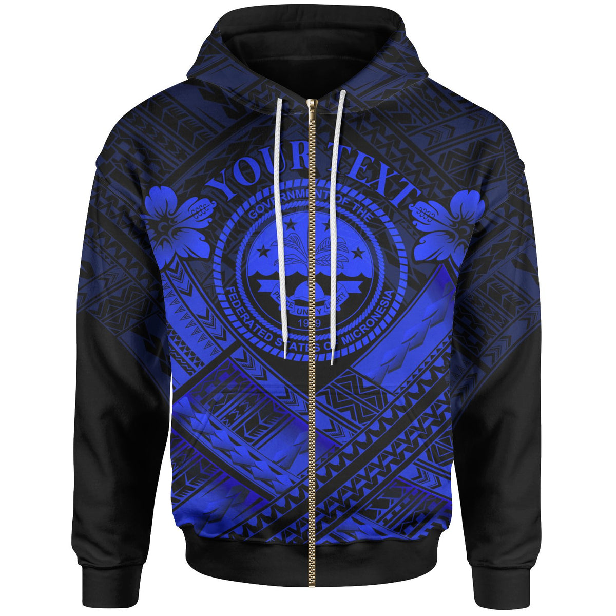 Federated States of Micronesia Polynesian Custom Zip up Hoodie Federated States of Micronesia Blue Seal Camisole Hibiscus Style Unisex Black - Polynesian Pride