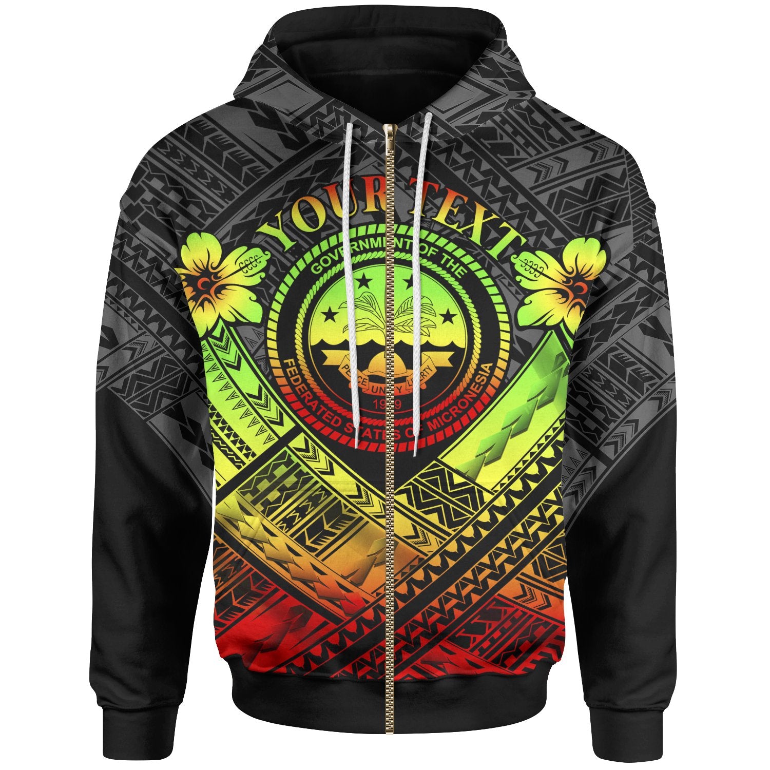 Federated States of Micronesia Polynesian Custom Zip up Hoodie Federated States of Micronesia Reggae Seal Camisole Hibiscus Style Unisex Black - Polynesian Pride