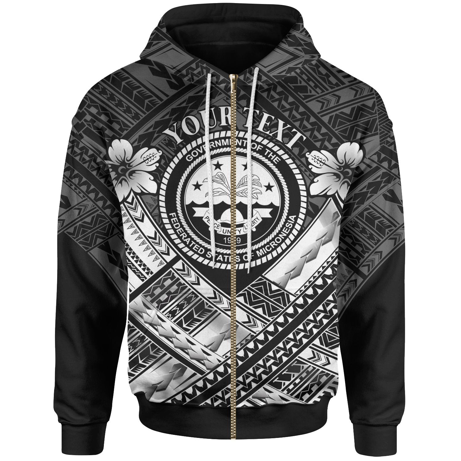 Federated States of Micronesia Polynesian Custom Zip up Hoodie Federated States of Micronesia White Seal Camisole Hibiscus Style Unisex Black - Polynesian Pride