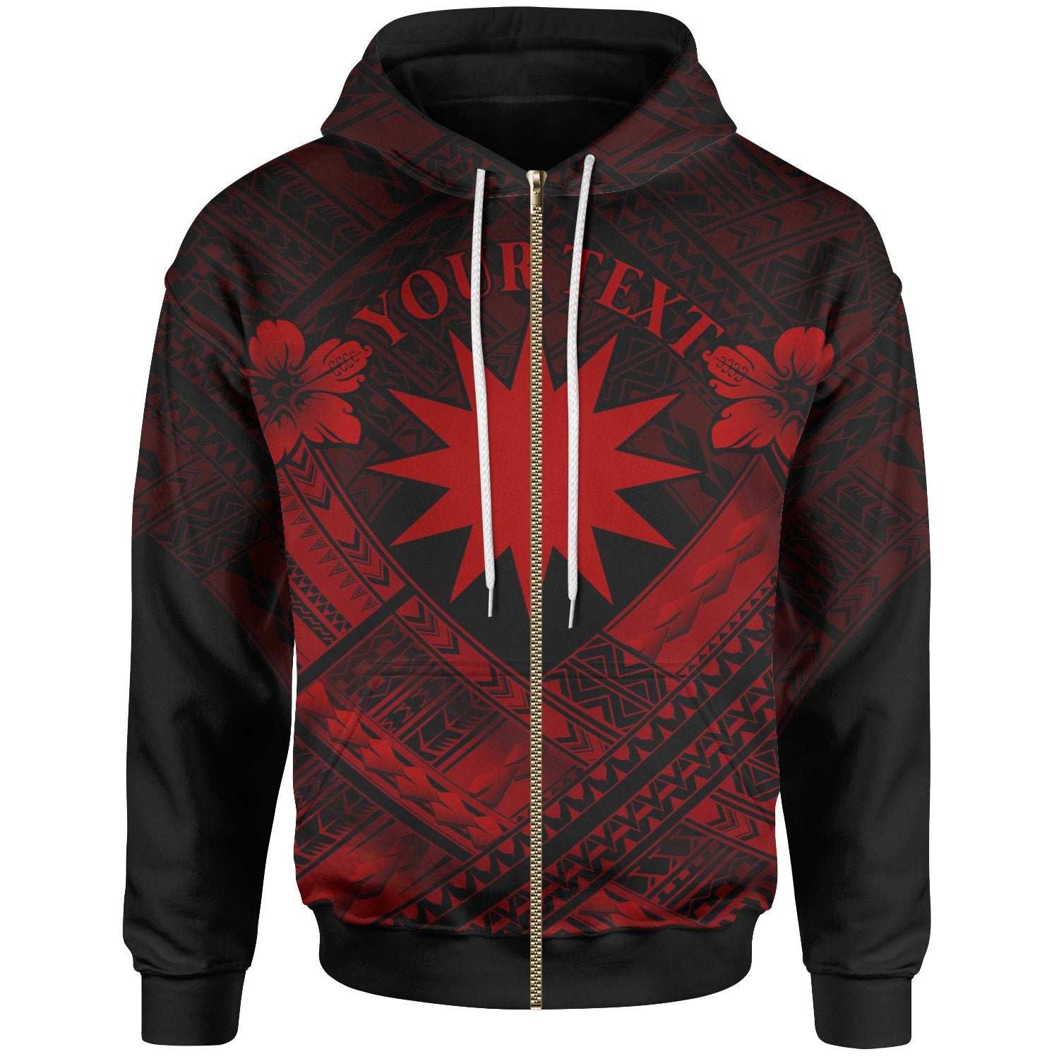 Nauru Polynesian Custom Zip up Hoodie Nauru Red Seal Camisole Hibiscus Style Unisex Red - Polynesian Pride