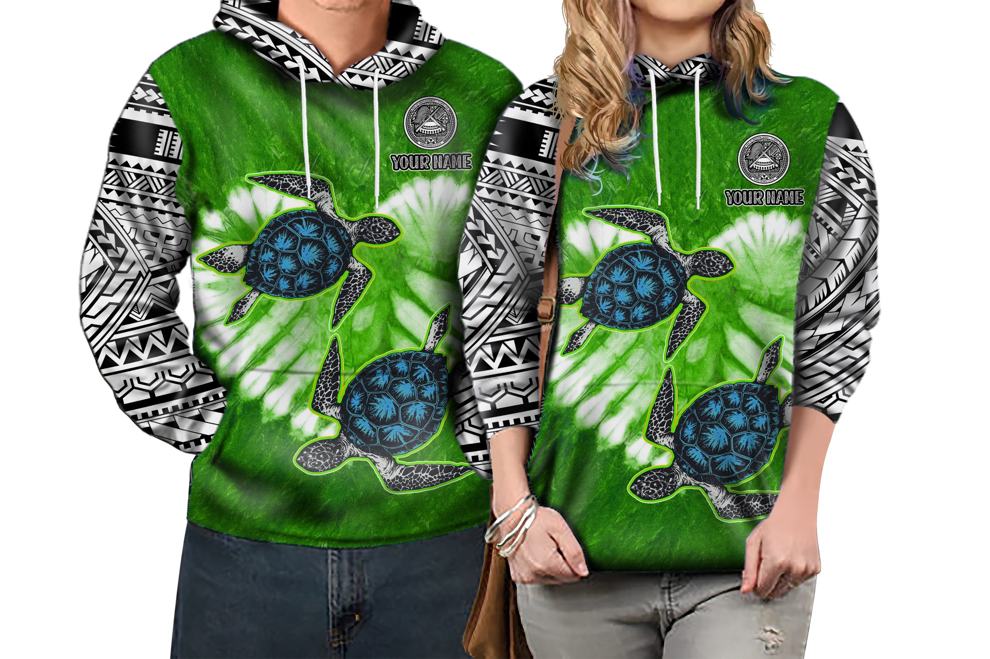 Custom American Samoa Hoodie Couple Polynesian Turtles Valentine HUSBand and WIFE Tie Dye Green LT13 - Polynesian Pride