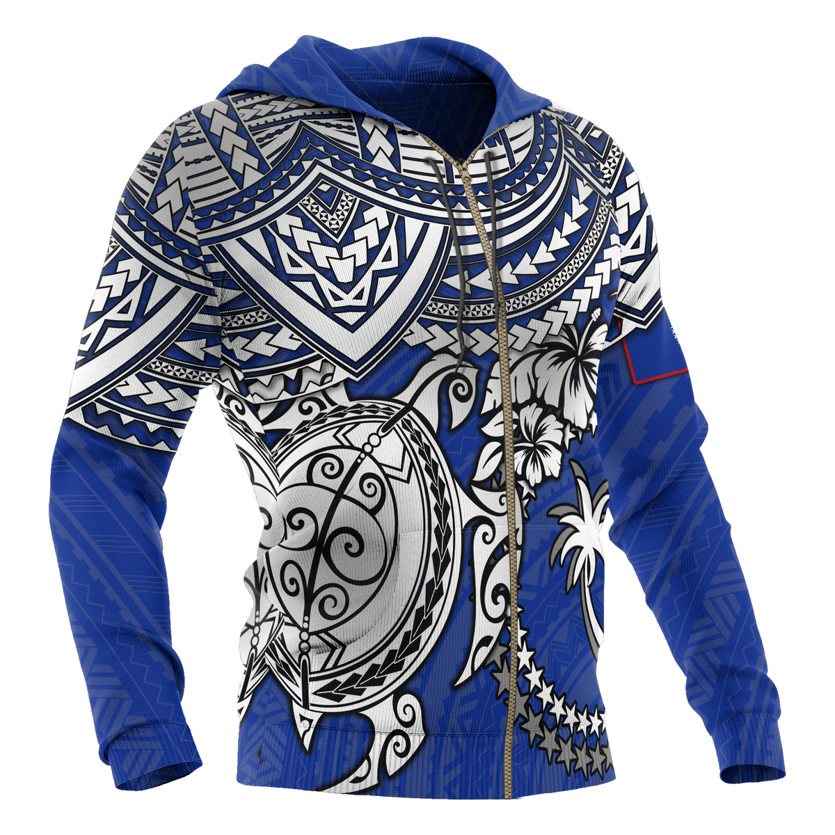 Chuuk Polynesian Hoodie (Zip up) White Turtle (Blue) - Polynesian Pride