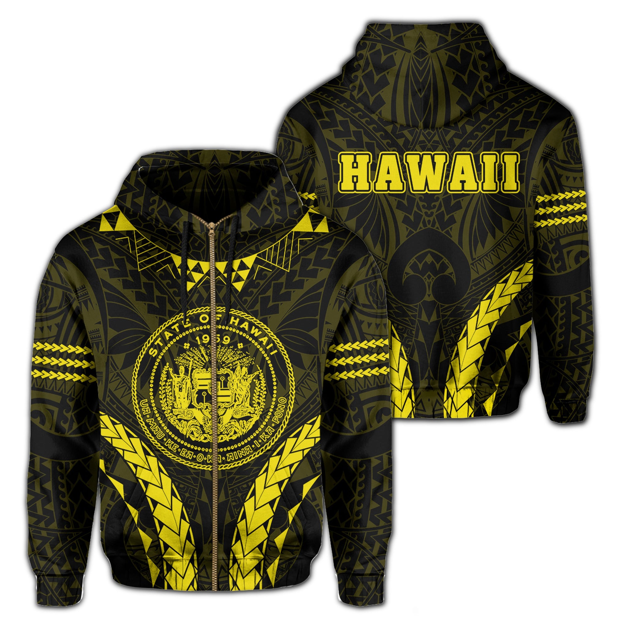 Polynesian Kakau Seal of Hawaii Zip Hoodie Sport Style Version 2.0 Yellow Unisex Yellow - Polynesian Pride