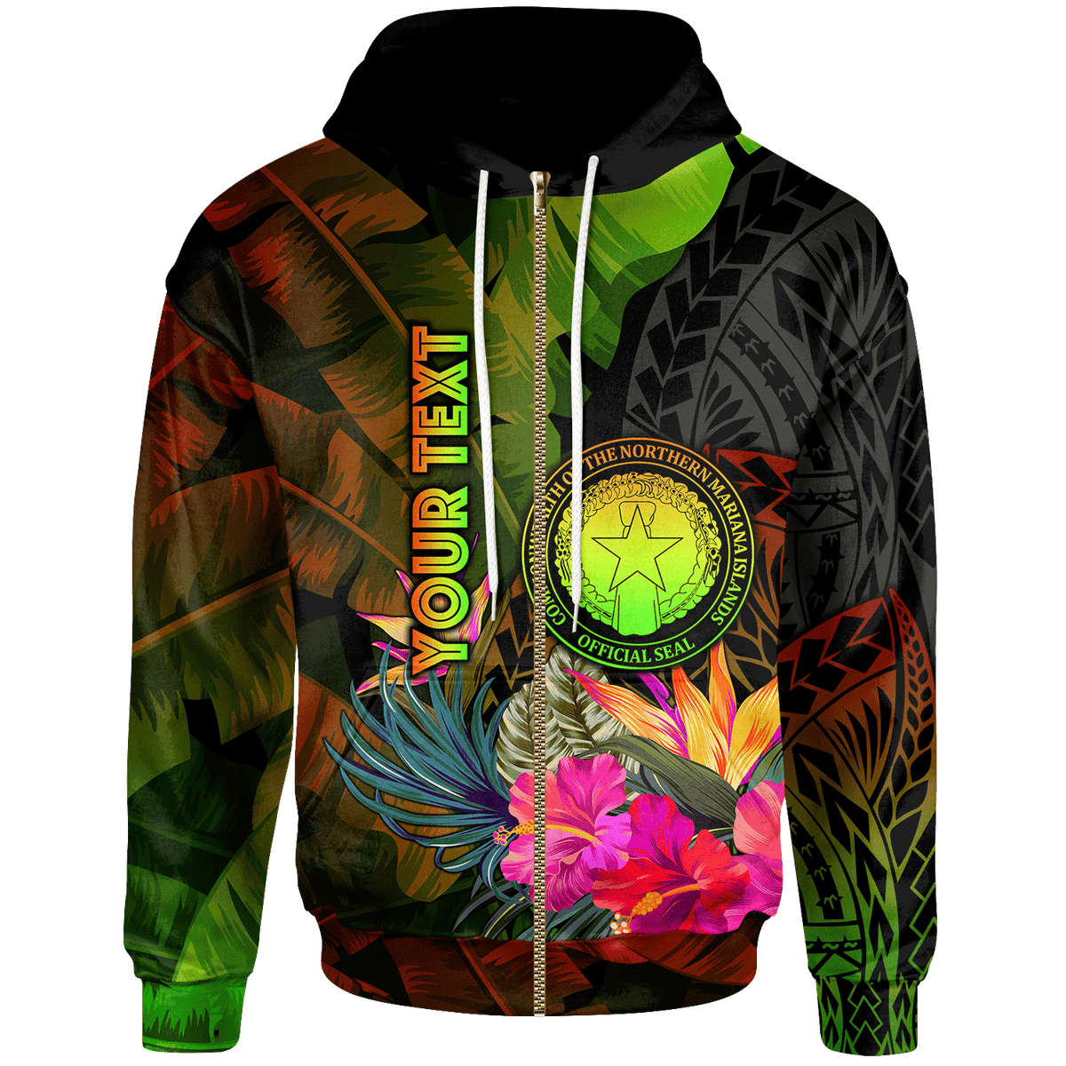 Northern Mariana Islands Custom Zip up Hoodie Hibiscus and Banana Leaves Unisex Reggae - Polynesian Pride