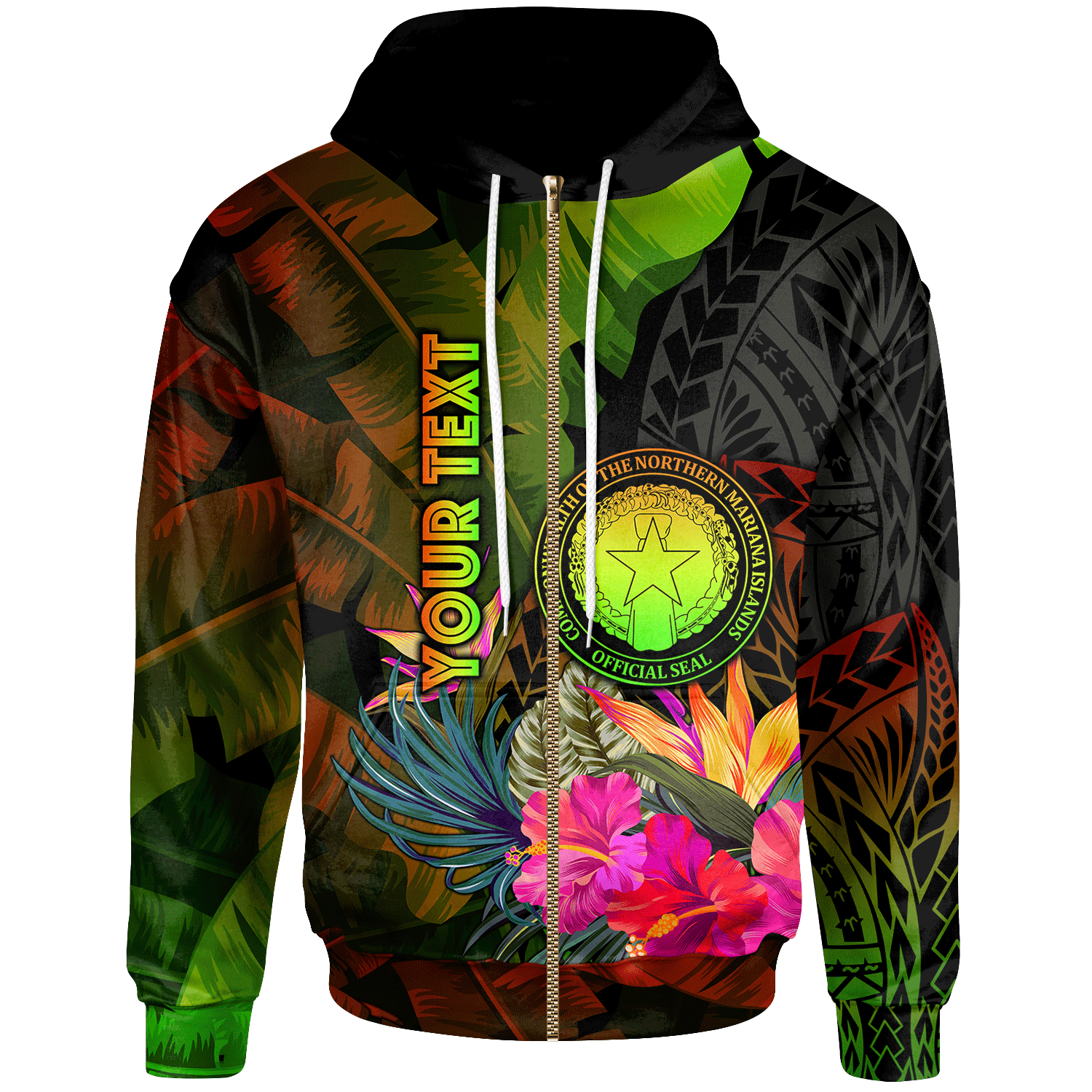 Northern Mariana Islands Custom Zip up Hoodie Hibiscus and Banana Leaves Unisex Reggae - Polynesian Pride