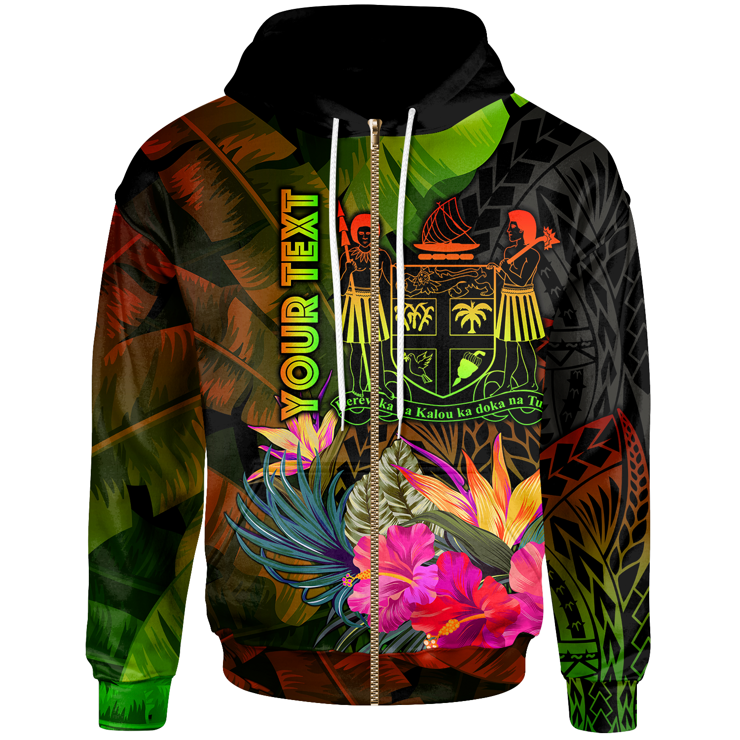 Fiji Polynesian Custom Zip up Hoodie Hibiscus and Banana Leaves Unisex Reggae - Polynesian Pride