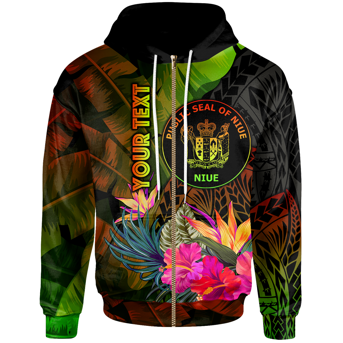 Niue Polynesian Custom Zip up Hoodie Hibiscus and Banana Leaves Unisex Reggae - Polynesian Pride
