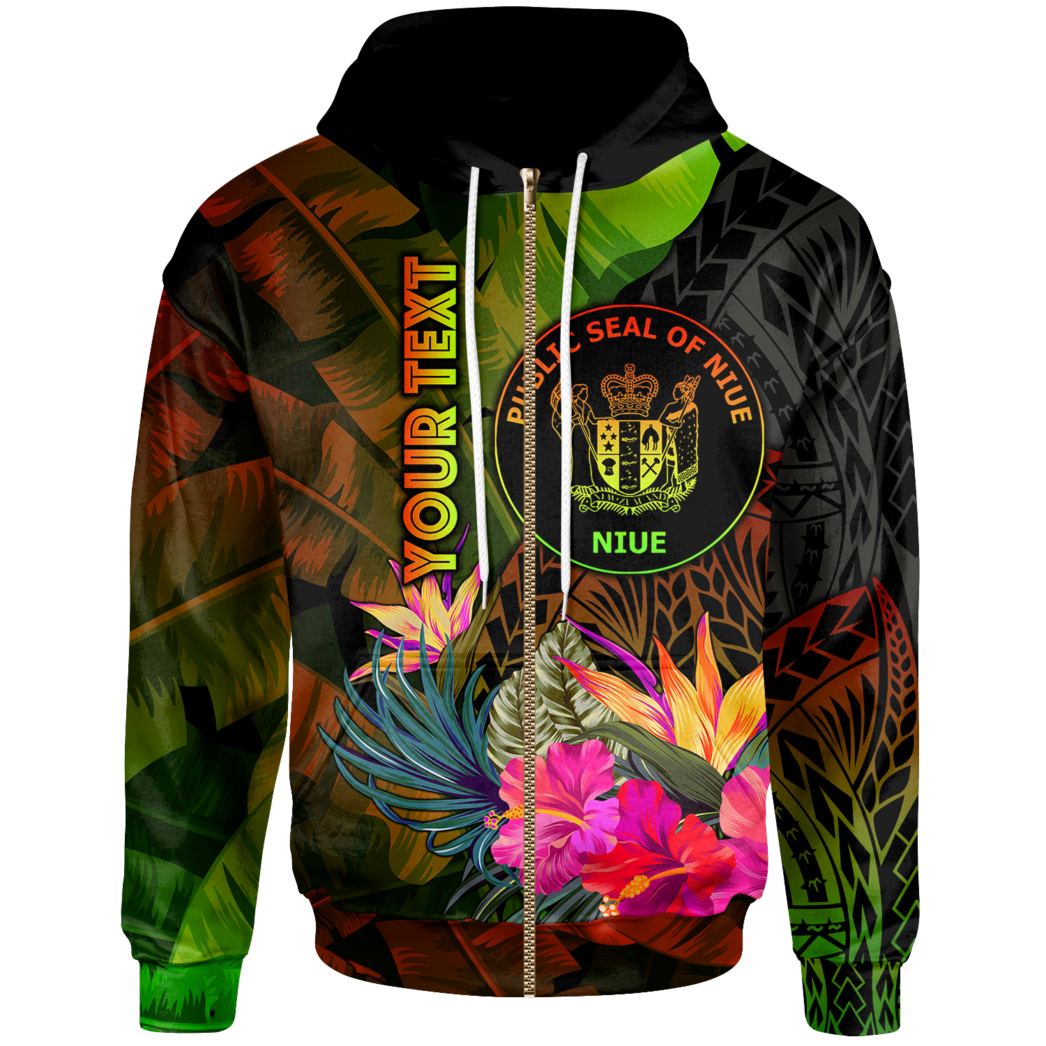 Niue Polynesian Custom Zip up Hoodie Hibiscus and Banana Leaves Unisex Reggae - Polynesian Pride