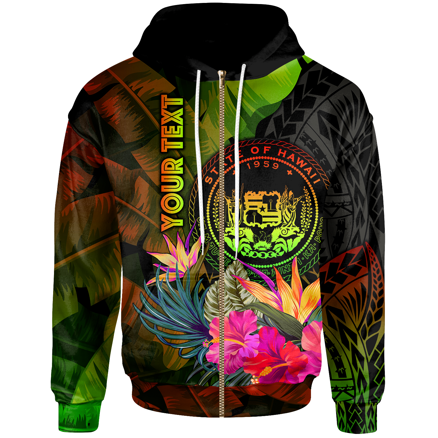 Polynesian Hawaii Polynesian Custom Zip up Hoodie Hibiscus and Banana Leaves Unisex Reggae - Polynesian Pride