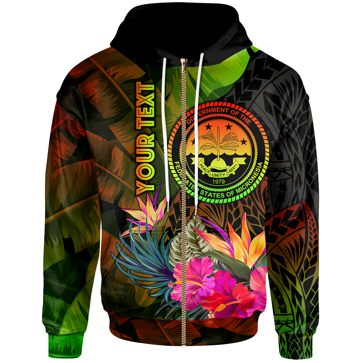 Federated States of Micronesia Polynesian Custom Zip up Hoodie Hibiscus and Banana Leaves Unisex Reggae - Polynesian Pride