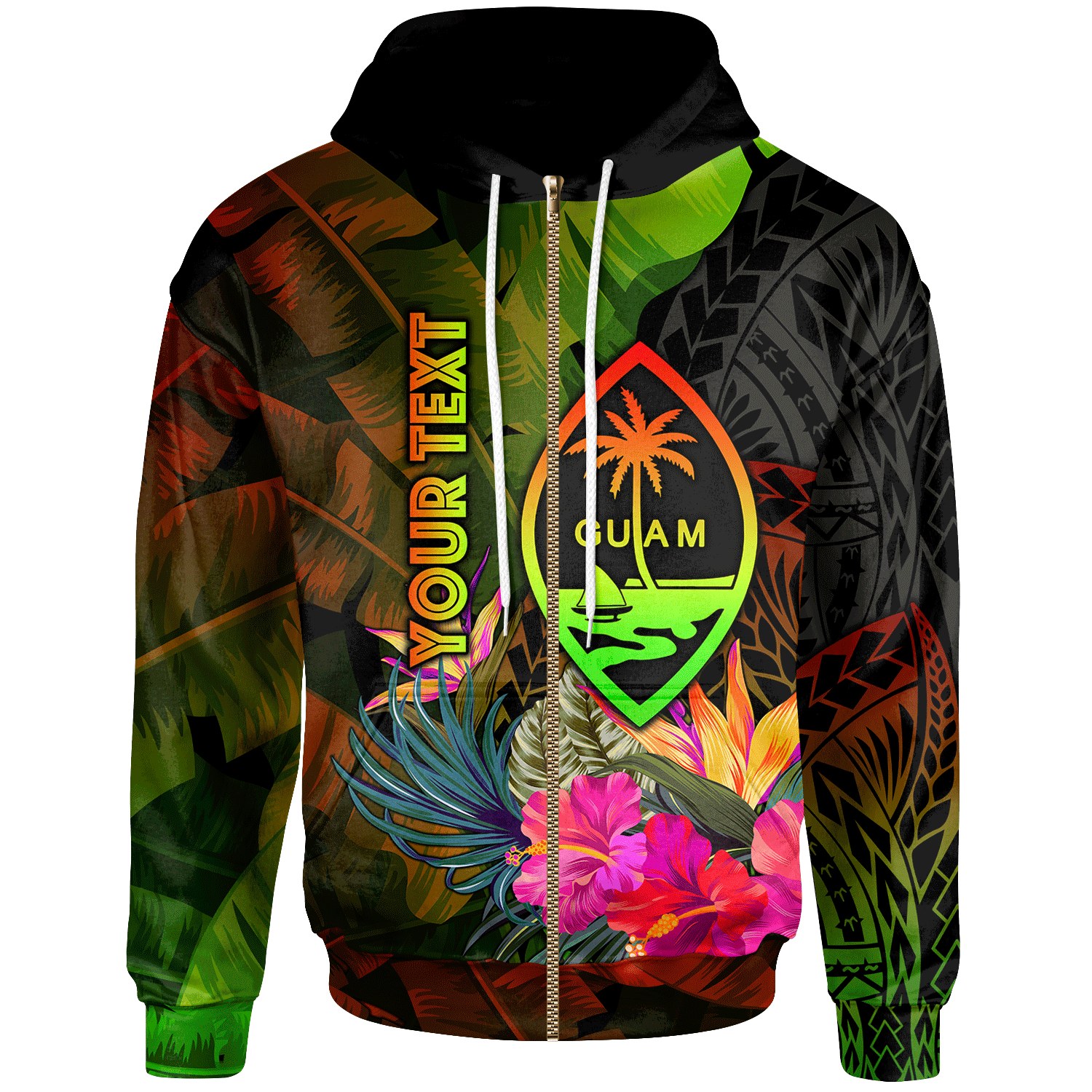 Guam Polynesian Custom Zip up Hoodie Hibiscus and Banana Leaves Unisex Reggae - Polynesian Pride