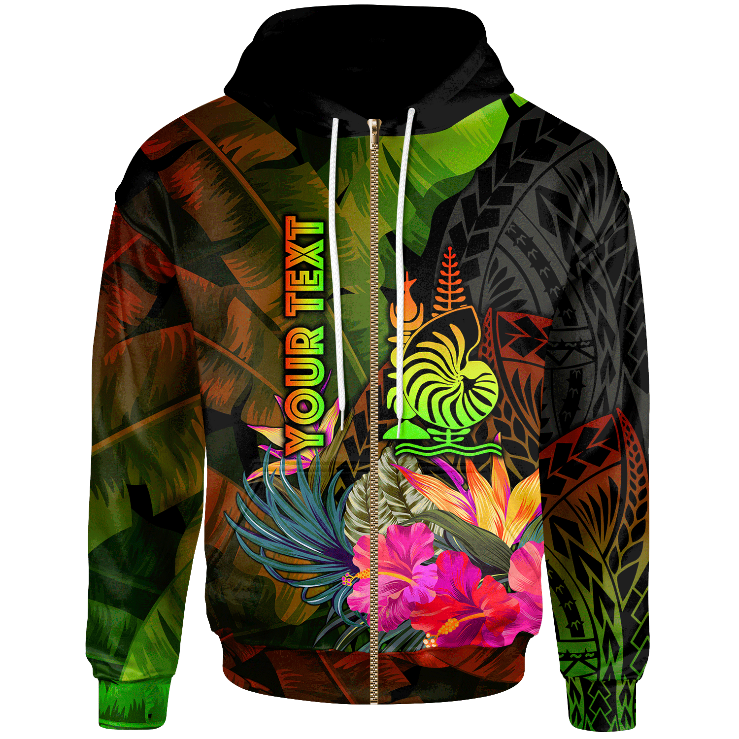 New Caledonia Polynesian Custom Zip up Hoodie Hibiscus and Banana Leaves Unisex Reggae - Polynesian Pride