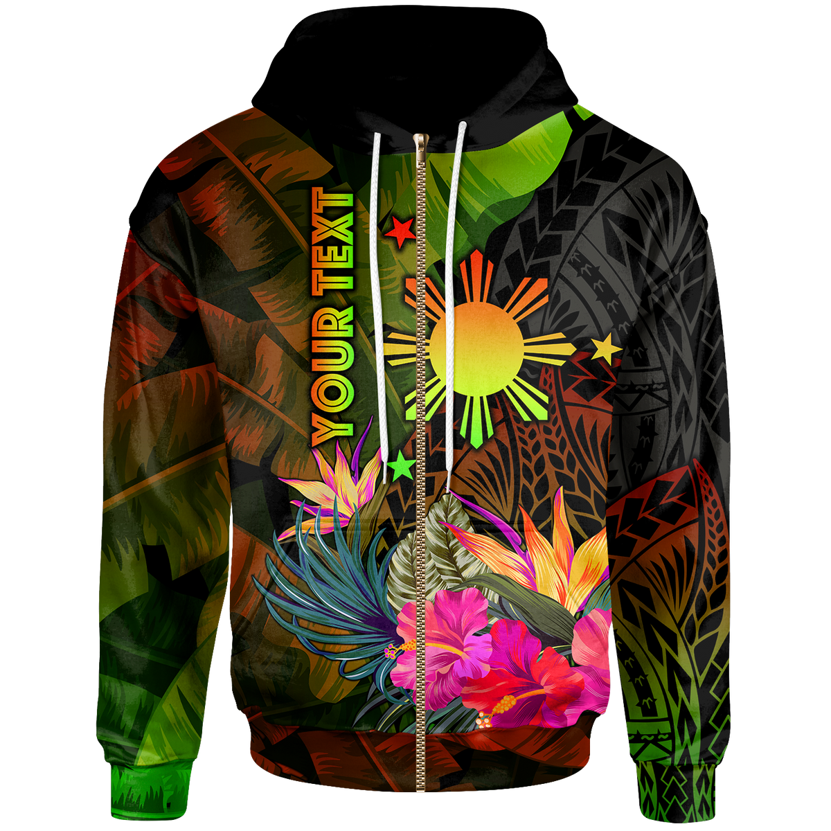 The Philippines Polynesian Custom Zip up Hoodie Hibiscus and Banana Leaves Unisex Reggae - Polynesian Pride