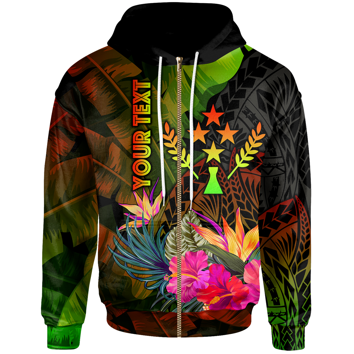 Kosrae Polynesian Custom Zip up Hoodie Hibiscus and Banana Leaves Unisex Reggae - Polynesian Pride