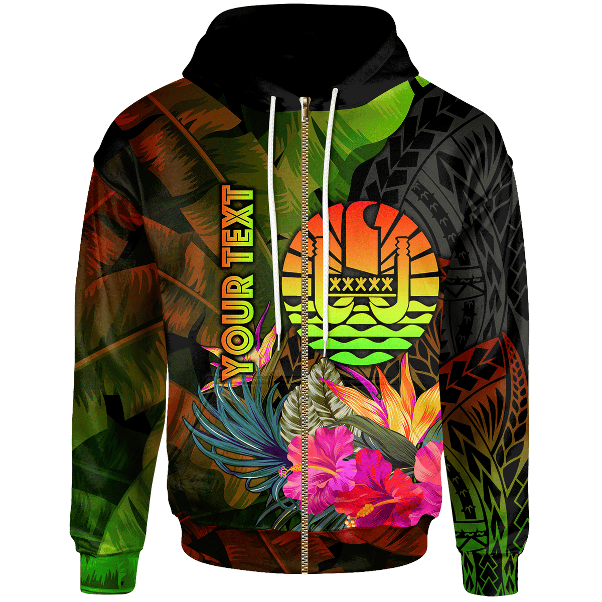 Tahiti Polynesian Custom Zip up Hoodie Hibiscus and Banana Leaves Unisex Reggae - Polynesian Pride