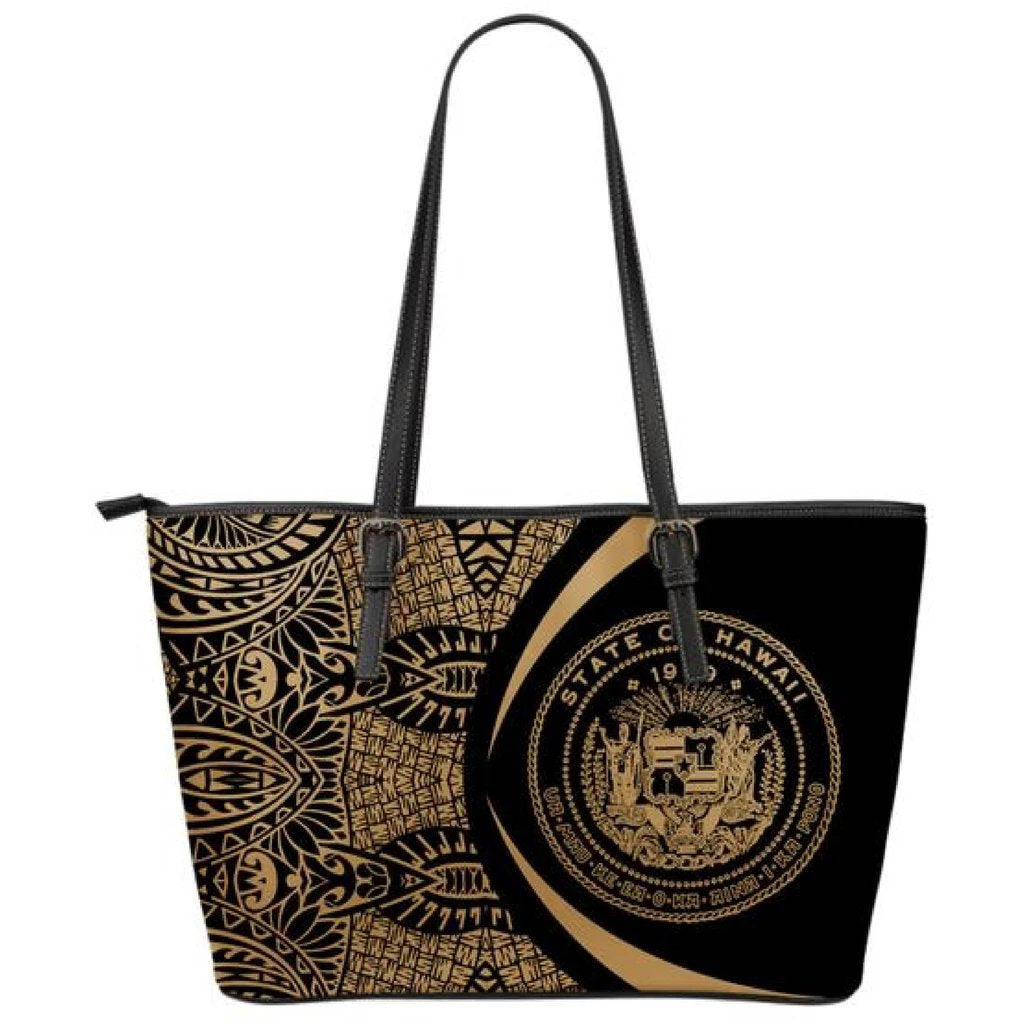 Hawaii Coat Of Arms Polynesian Large Leather Tote - Circle Style - Gold Gold - Polynesian Pride