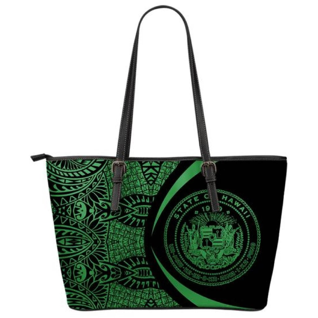 Hawaii Coat Of Arms Polynesian Small Leather Tote - Circle Style - Green Green - Polynesian Pride