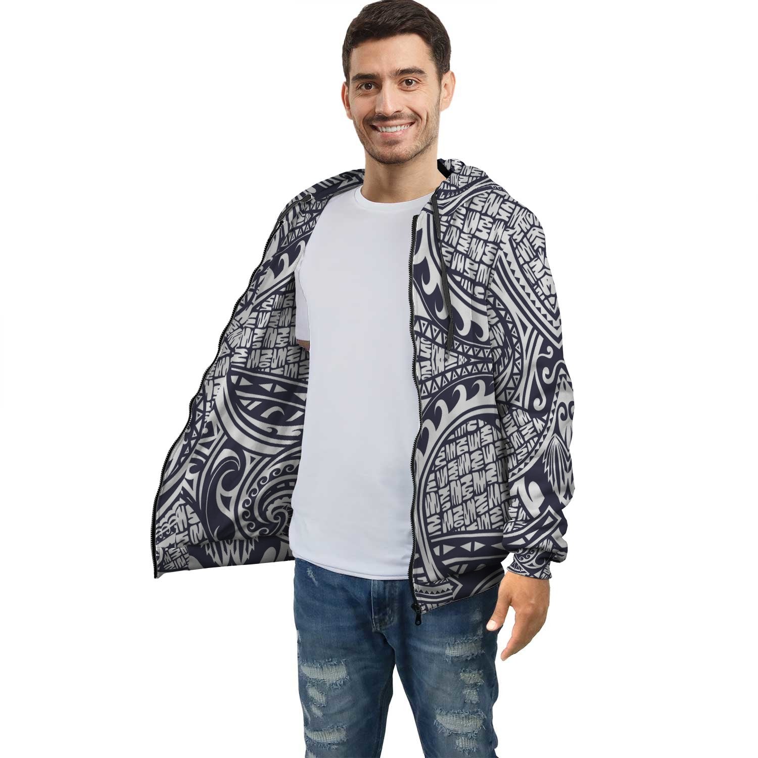 White Blue Polynesian Inside Print Zip Hoodie Unisex Black - Polynesian Pride