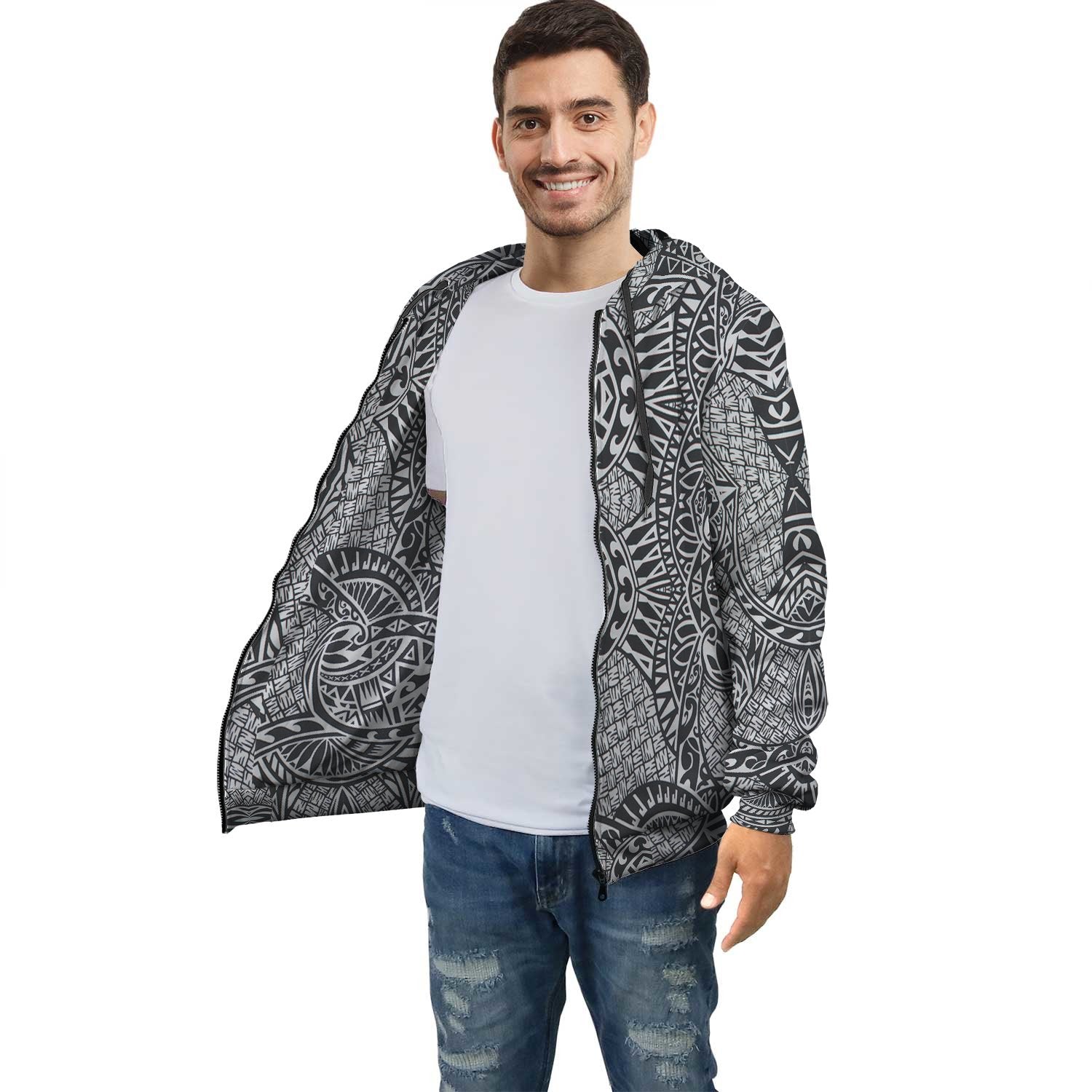 Black White Polynesian Inside Print Zip Hoodie Unisex Black - Polynesian Pride