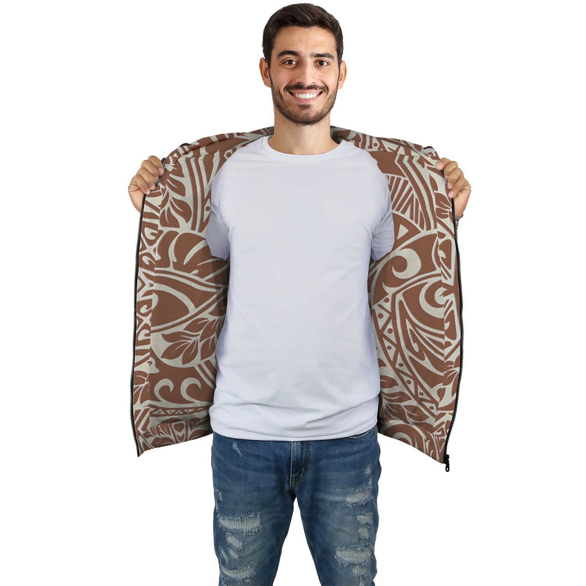 Brown Palm Polynesian Inside Print Zip Hoodie - Polynesian Pride