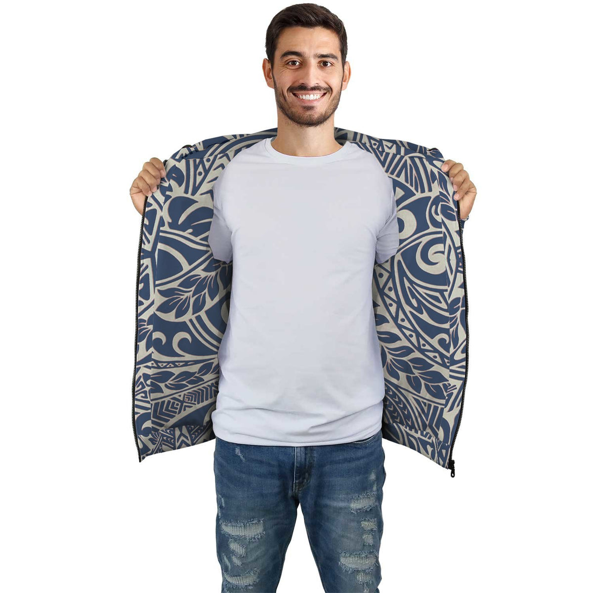 Blue Palm Polynesian Inside Print Zip Hoodie - Polynesian Pride
