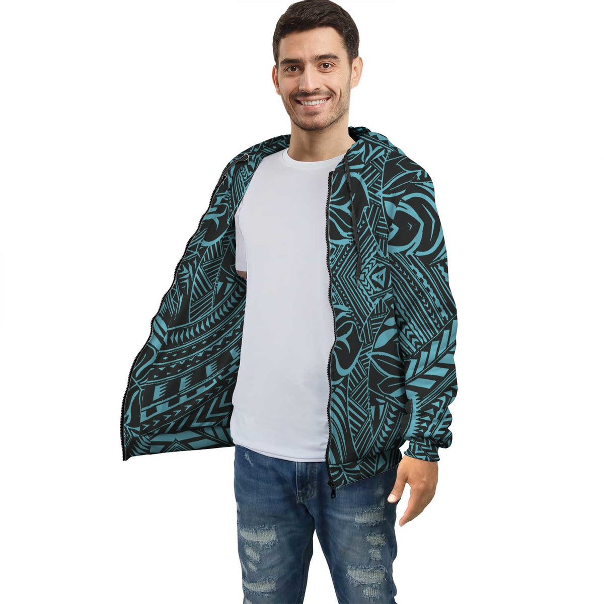 Blue Palm Polynesian Inside Print Zip Hoodie Unisex Blue - Polynesian Pride