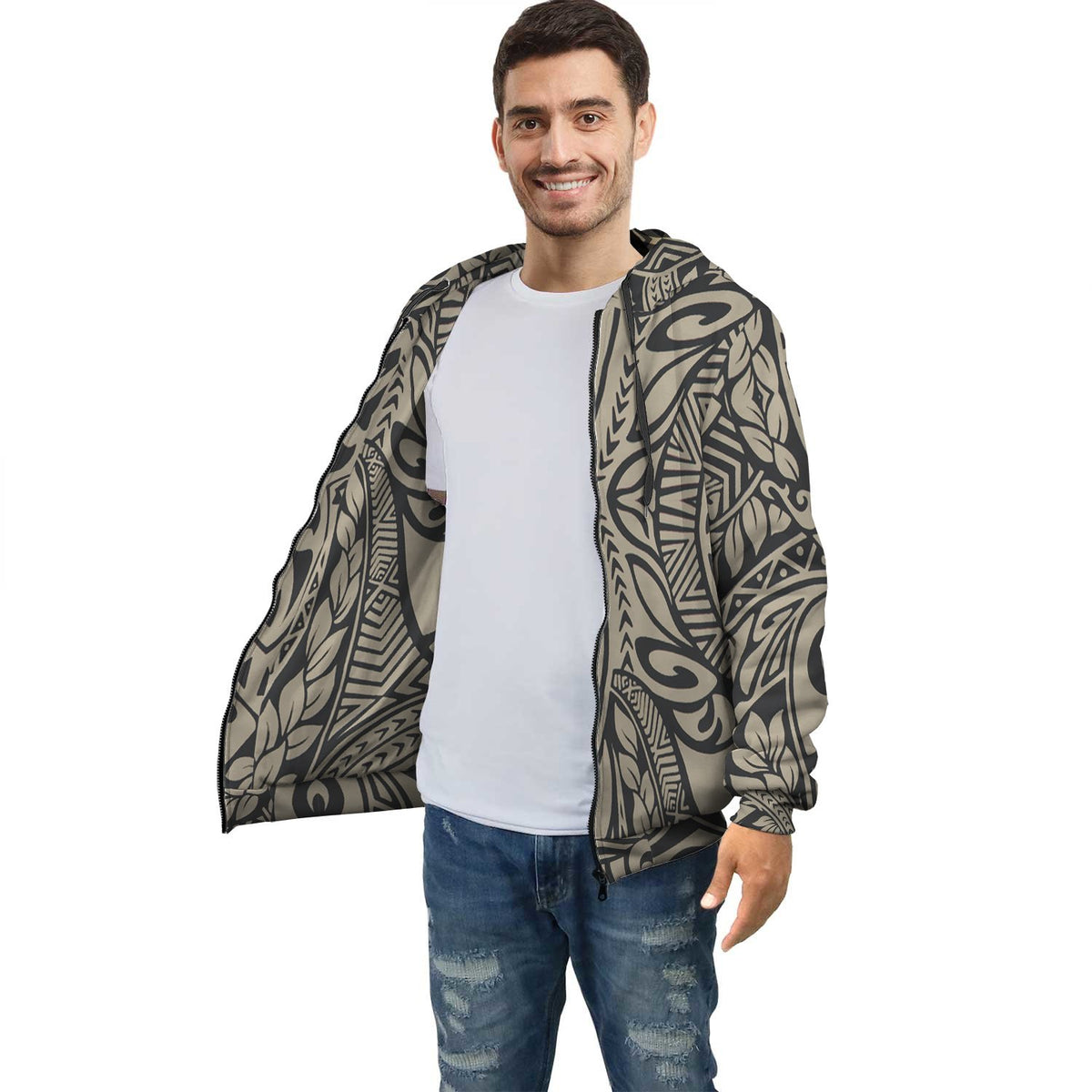 Beige Polynesian Inside Print Zip Hoodie Unisex Beige - Polynesian Pride