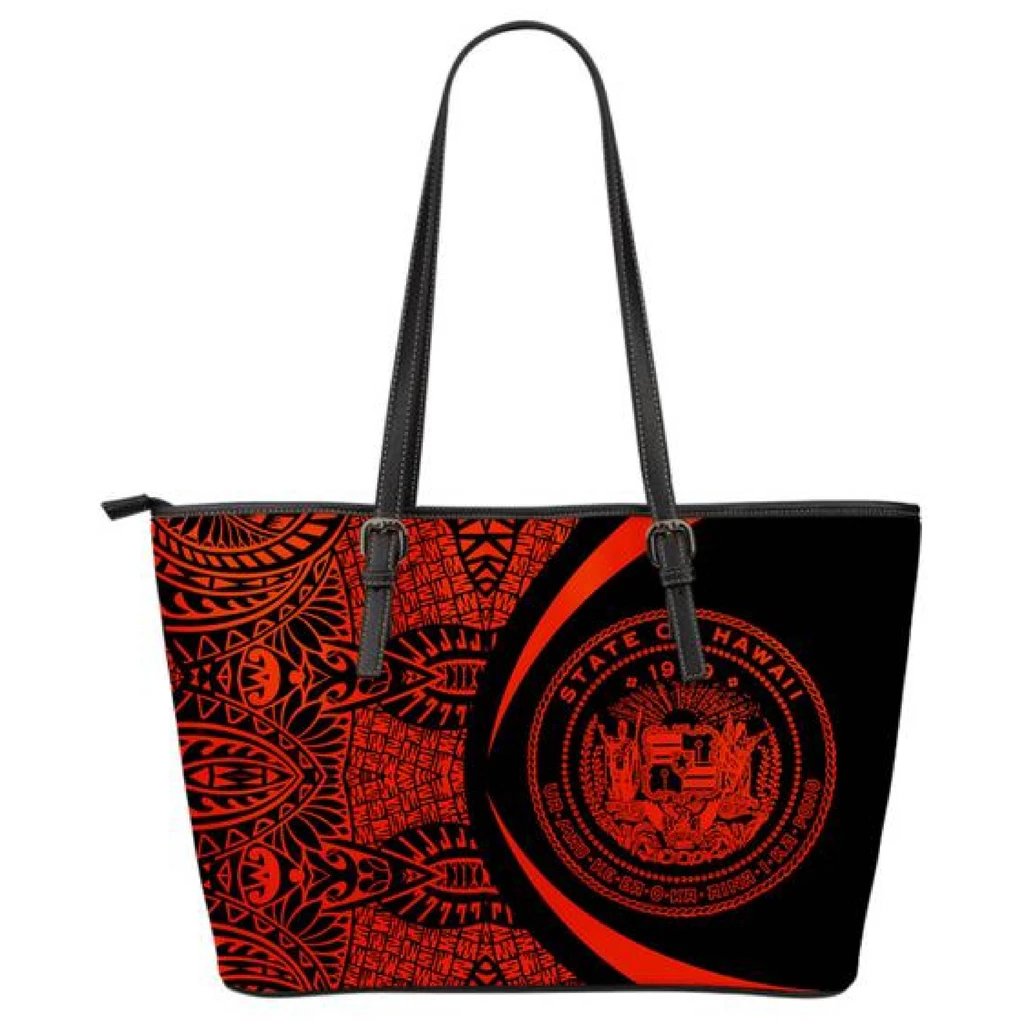 Hawaii Coat Of Arms Polynesian Small Leather Tote - Circle Style - Red Red - Polynesian Pride