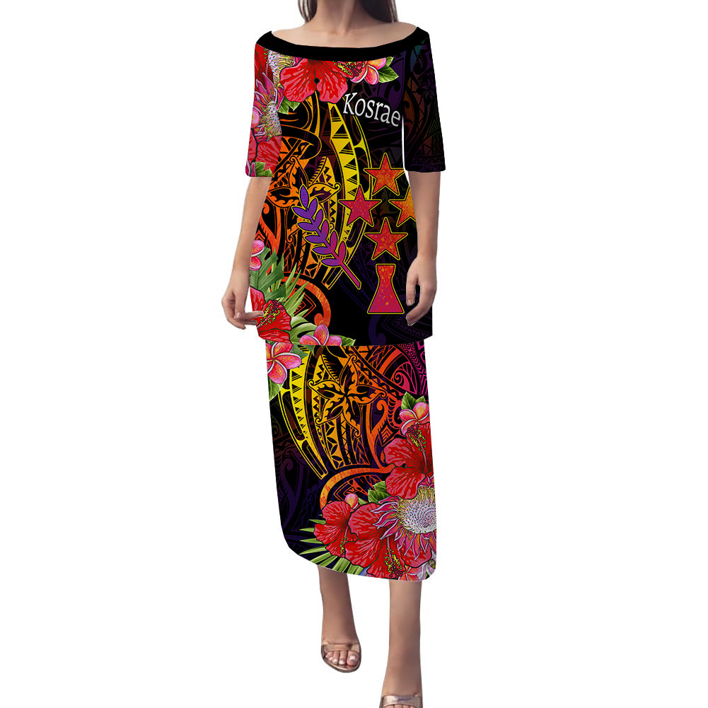 Kosrae State Puletasi Dress Tropical Hippie Style LT14 Black - Polynesian Pride