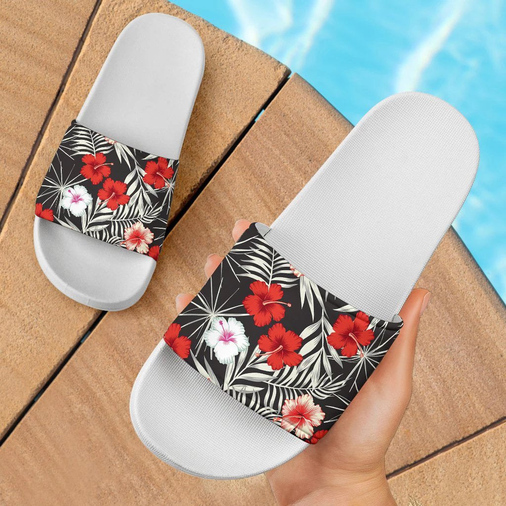 Hawaii Palm Hibiscus Pattern Slide Sandals White - Polynesian Pride