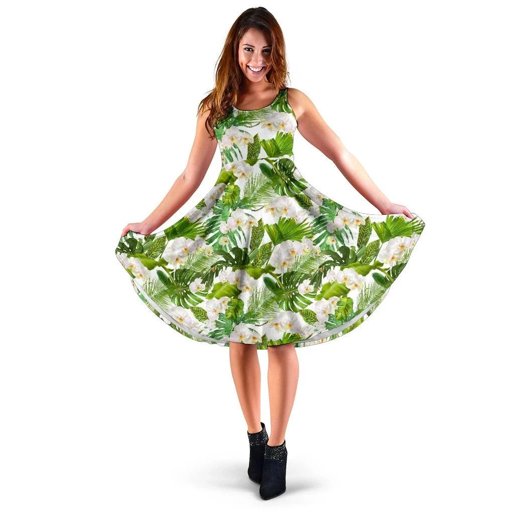 Hawaii Tropical Plumeria White Midi Dress Midi Dress Green - Polynesian Pride