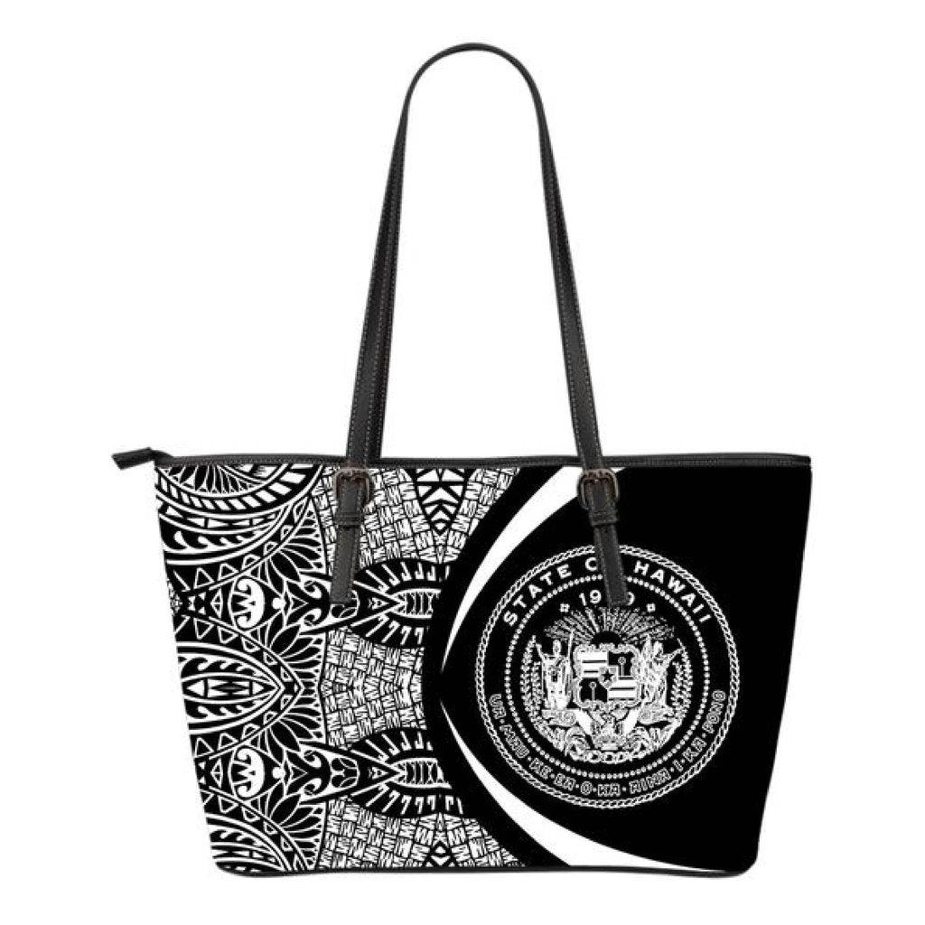 Hawaii Coat Of Arms Polynesian Small Leather Tote - Circle Style - White White - Polynesian Pride