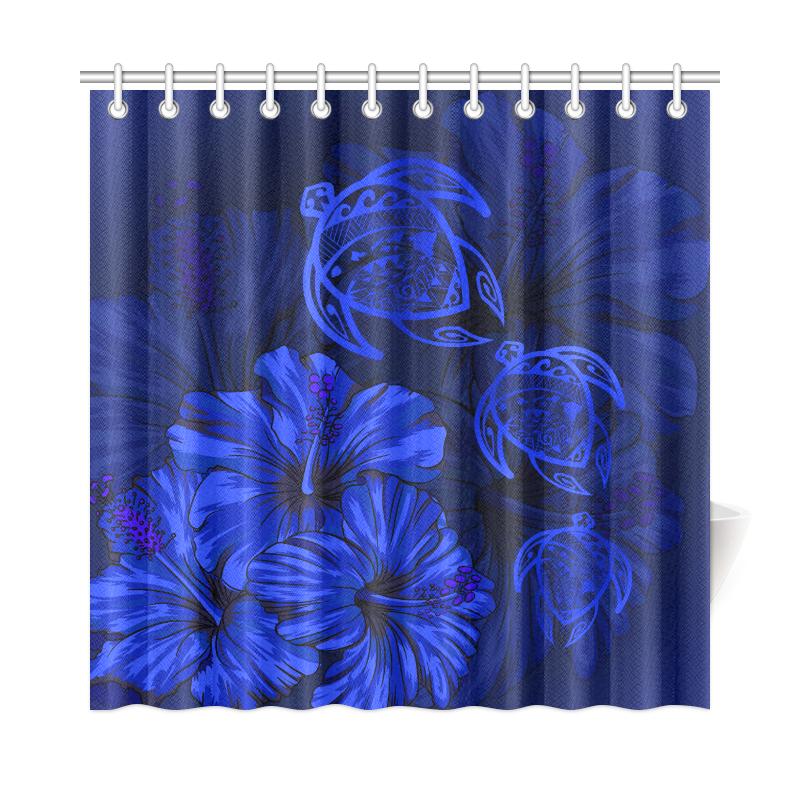 Hawaiian Map Turtle Hibiscus Blue Vintage Shower Curtain - Polynesian Pride