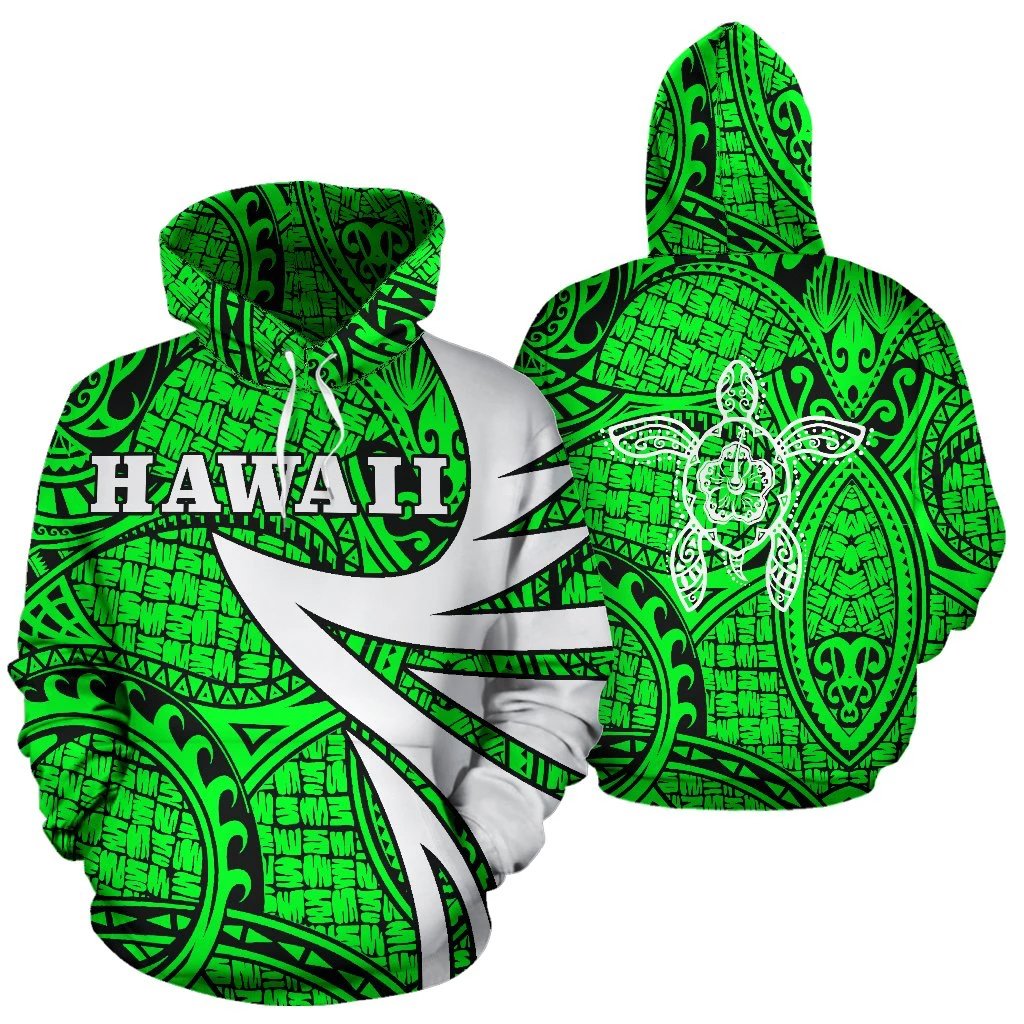 Hawaii Turtle Polynesian Hoodie Green Warrior Style Unisex White - Polynesian Pride