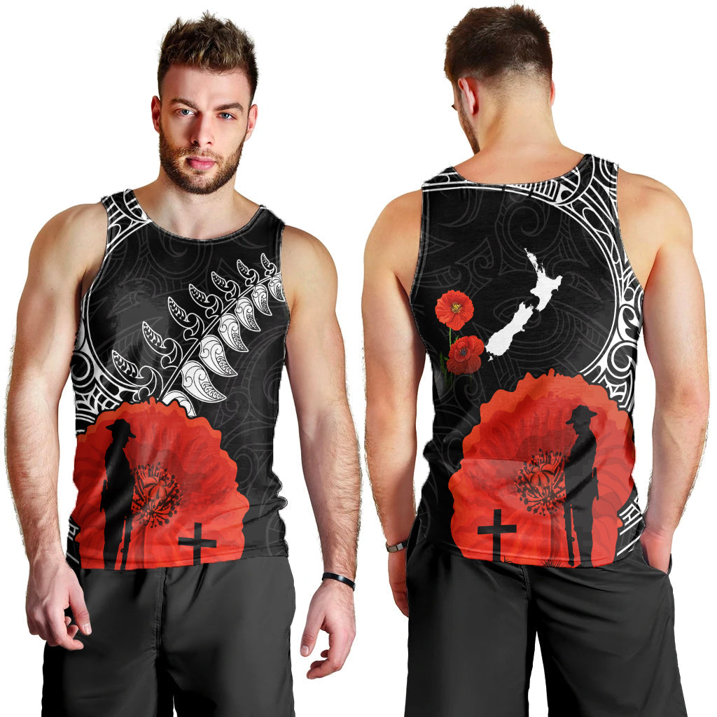 New Zealand Anzac 2022 Men Tank Top Maori Mix Fern Poppy LT13 Black - Polynesian Pride