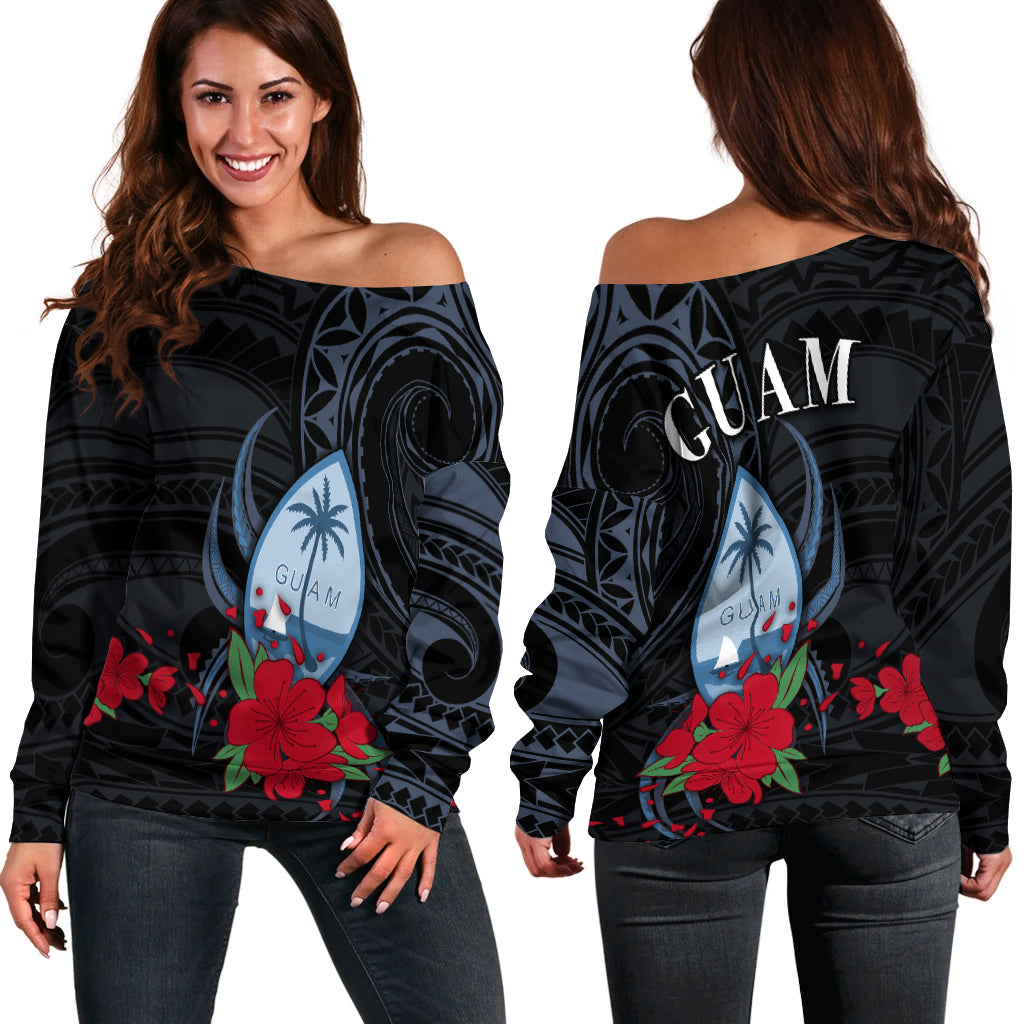 Guam Off Shoulder Sweater Polynesian Flowers Version Black LT13 Black - Polynesian Pride