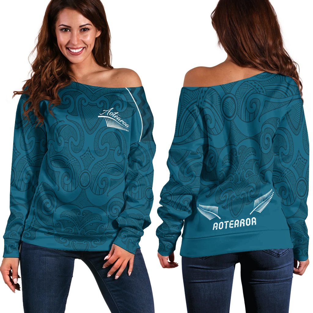 Maori 2021 Off Shoulder Sweater - Turquoise Aotearoa Tattoo LT13 Turquoise - Polynesian Pride