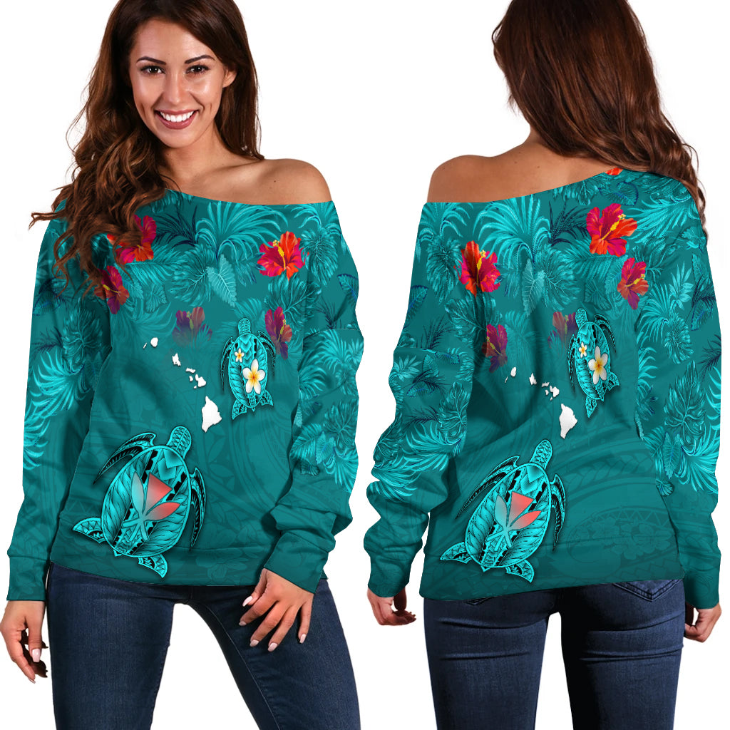 Hawaiian Islands Off Shoulder Sweater - Hawaii Tropical Flowers and Turtles Turquoise LT13 Turquoise - Polynesian Pride